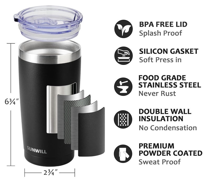 SUNWILL Travel Coffee Mug with Lid, 20 oz Tumbler Set of 2, Insulated Stainless Steel Cup for Water, Tea, Ice, Powder Coated Black 2 pack - Image 2